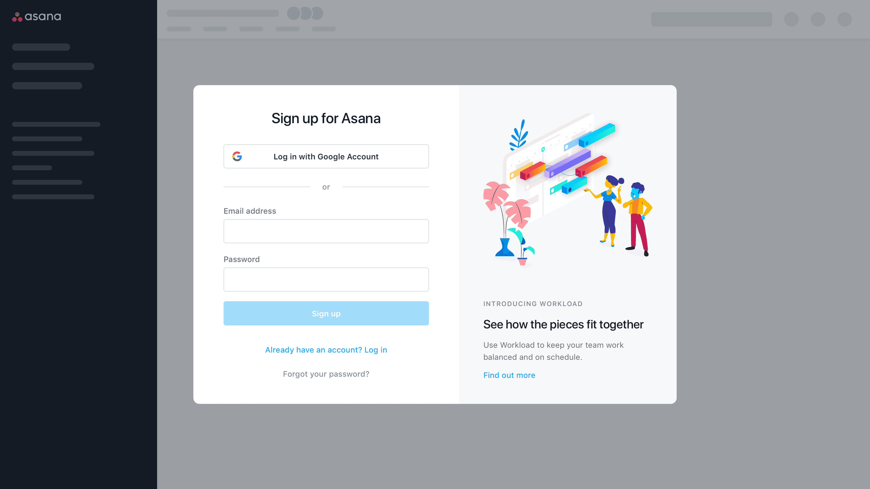 Asana sign up screen with Workload promo