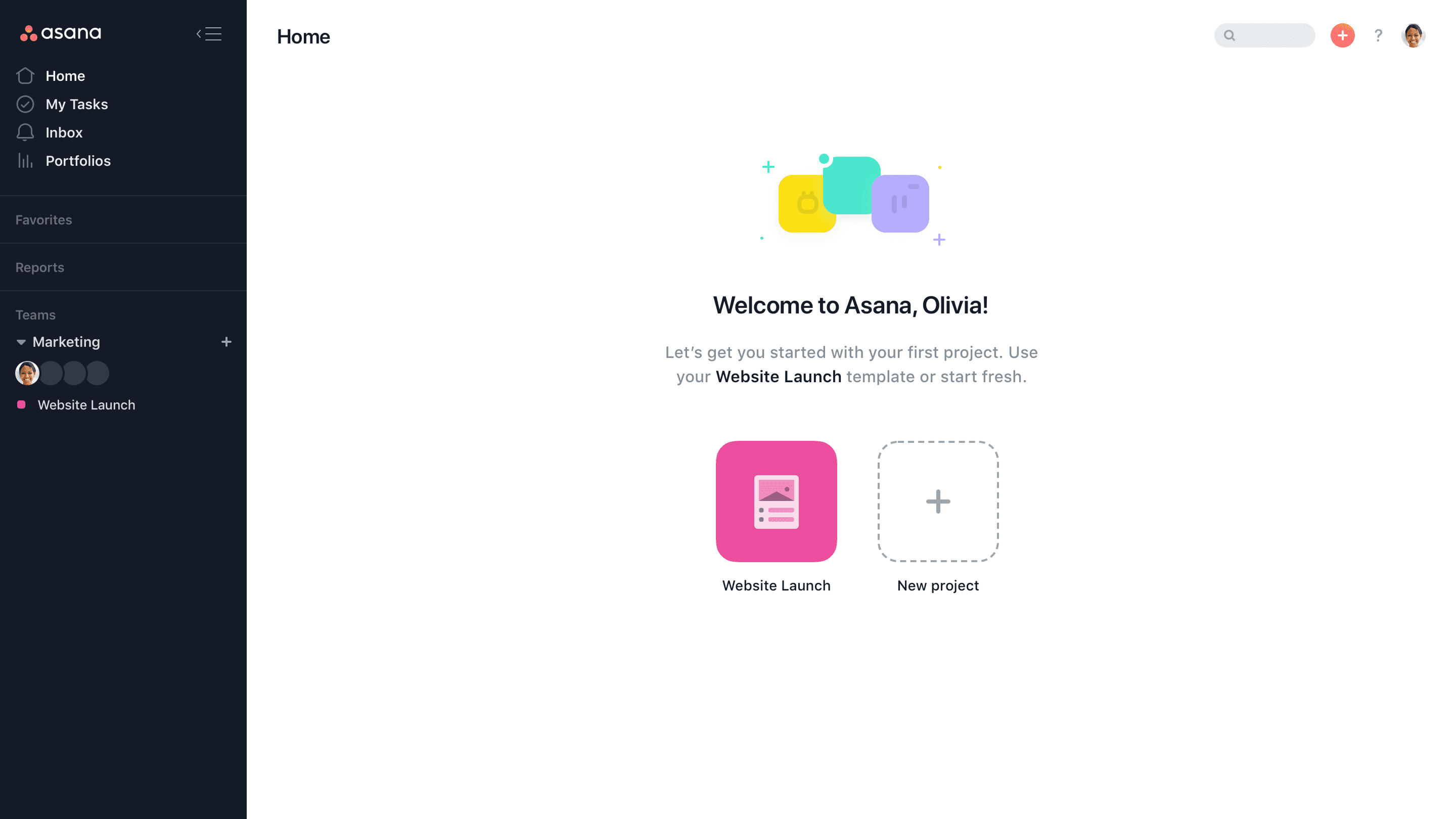 Asana welcome home for a new user