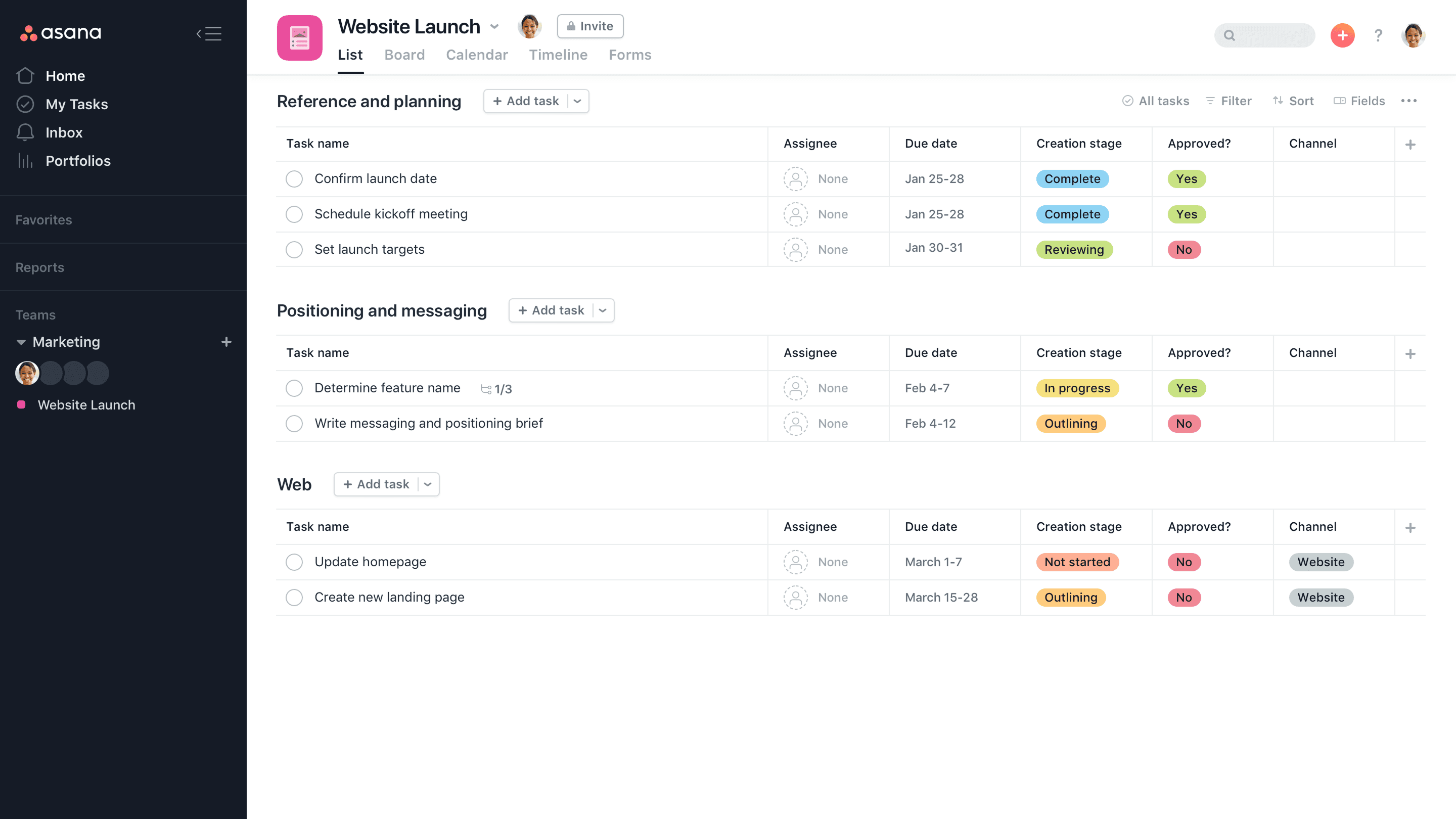 Website Launch project — List view
