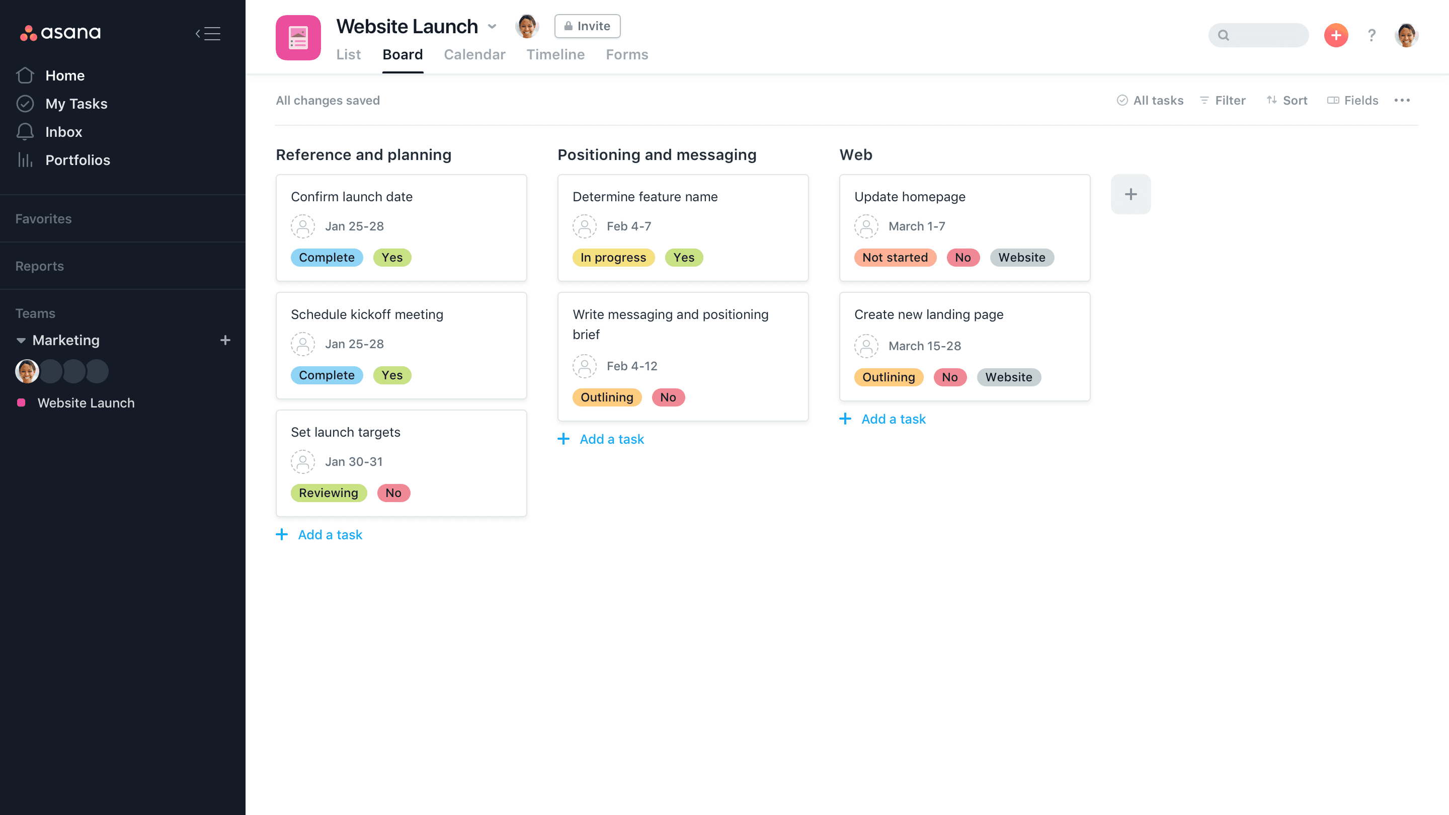 Website Launch project — Board view