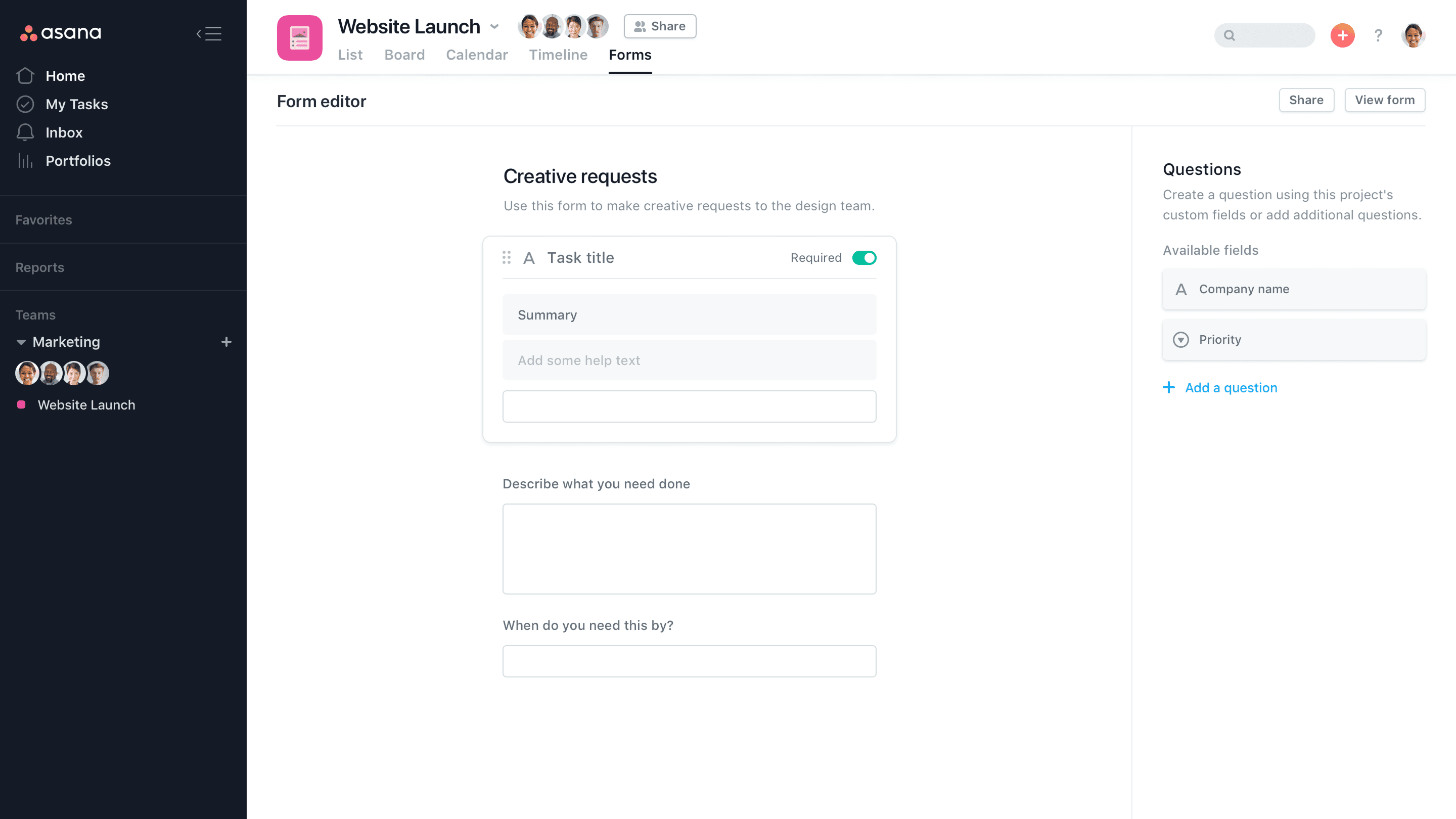 Forms editor for creative requests