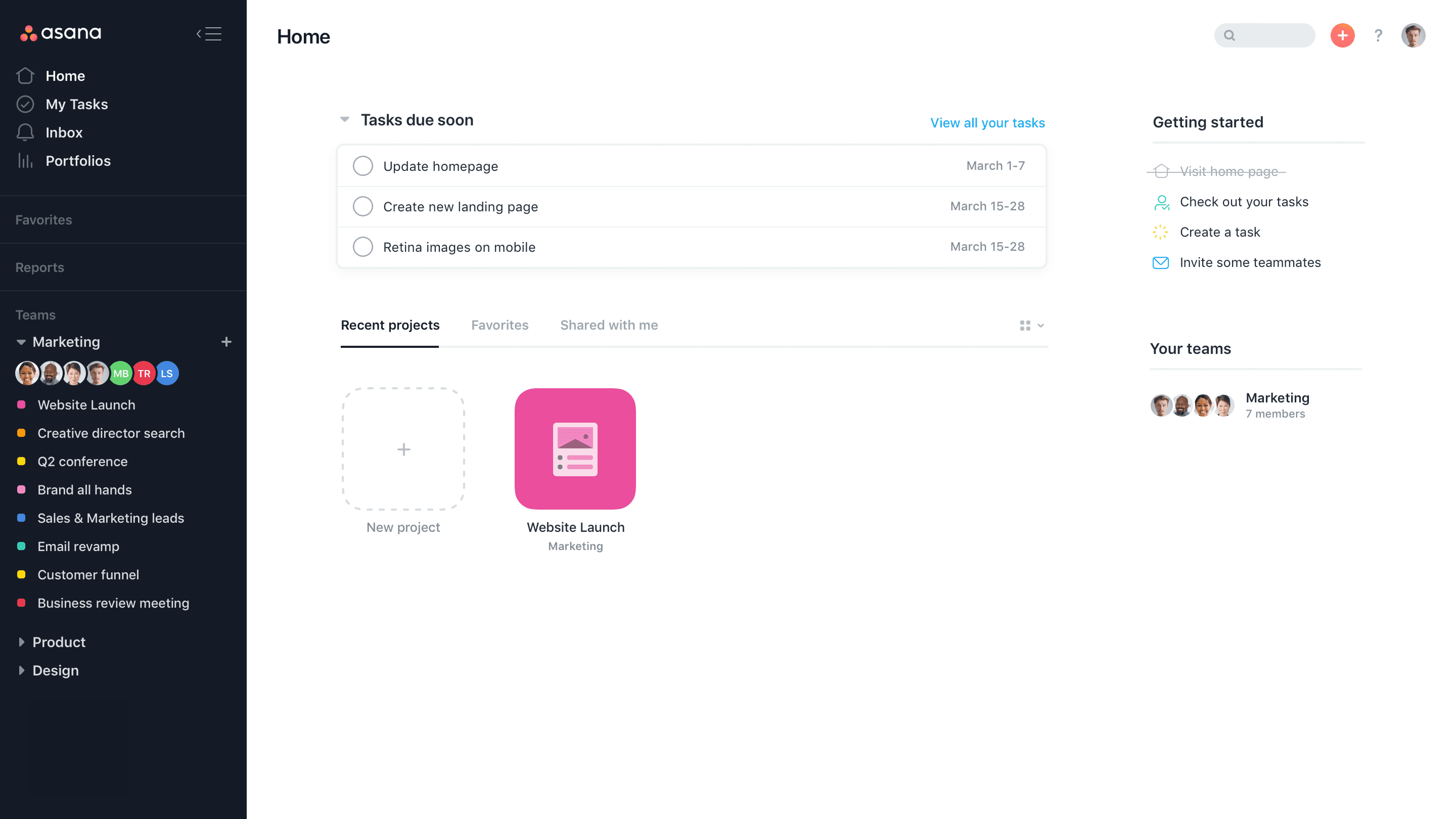 Asana home with tasks due soon