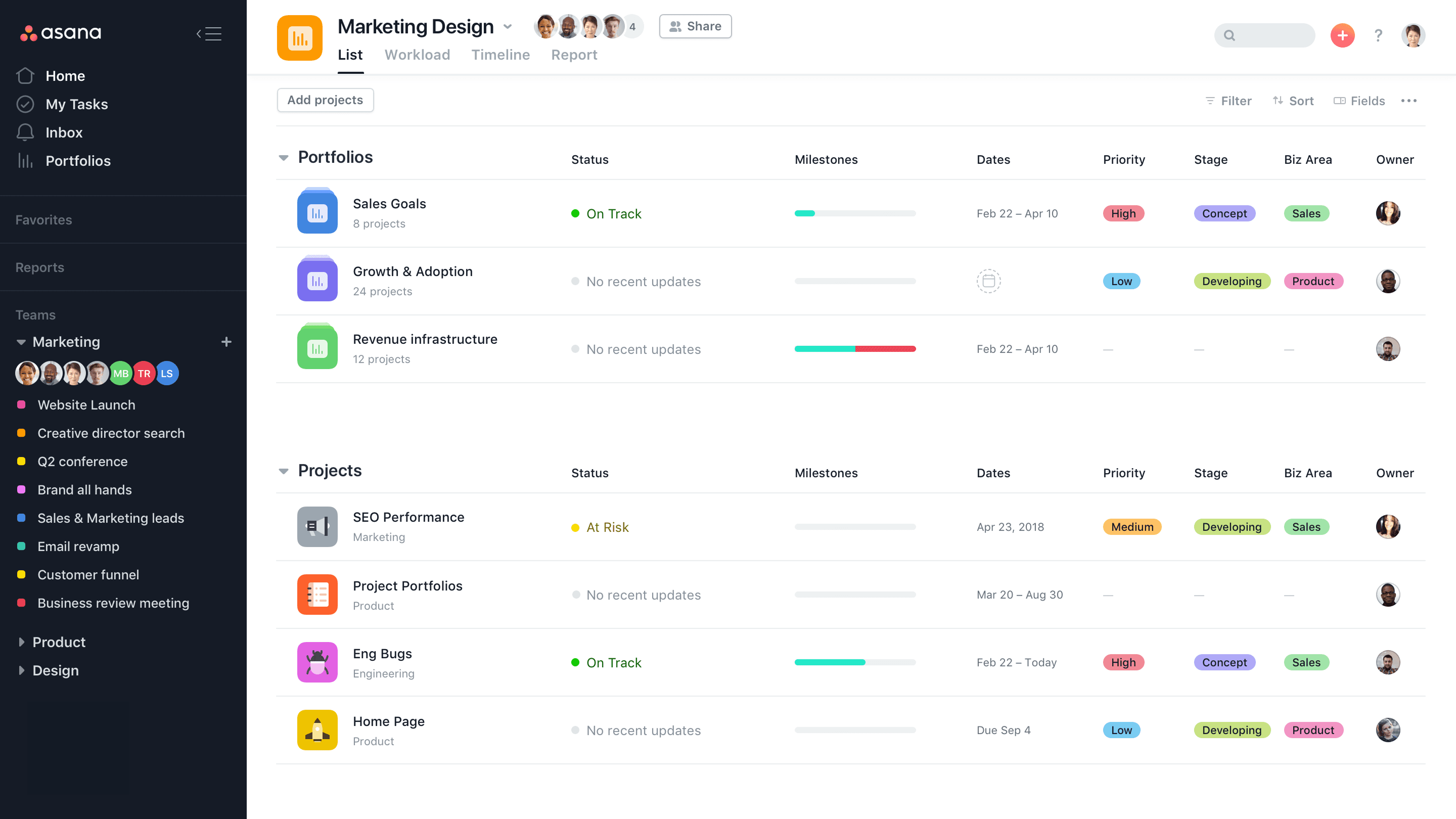 Portfolio List view with status and milestones