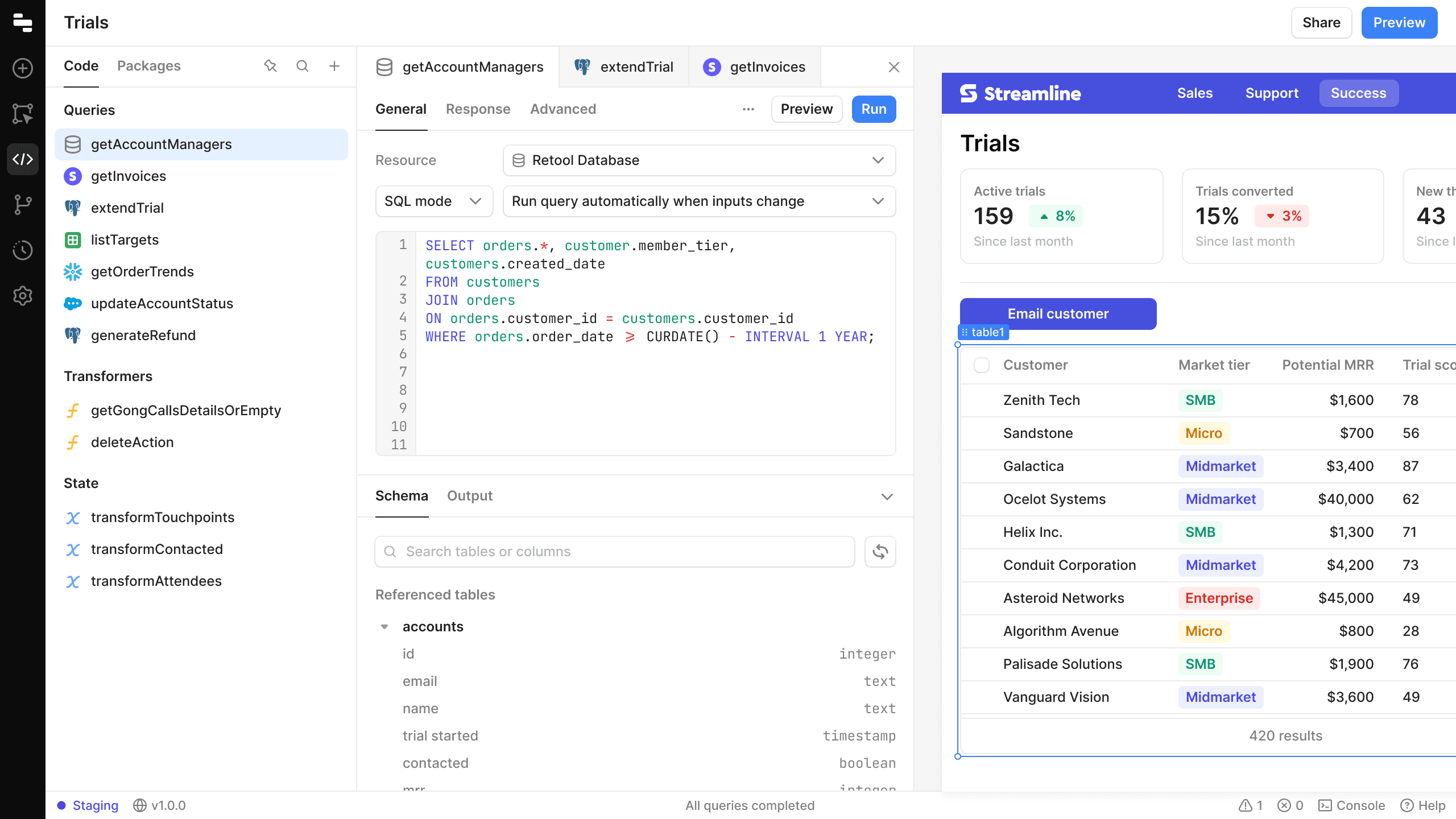 Retool app builder with query editor