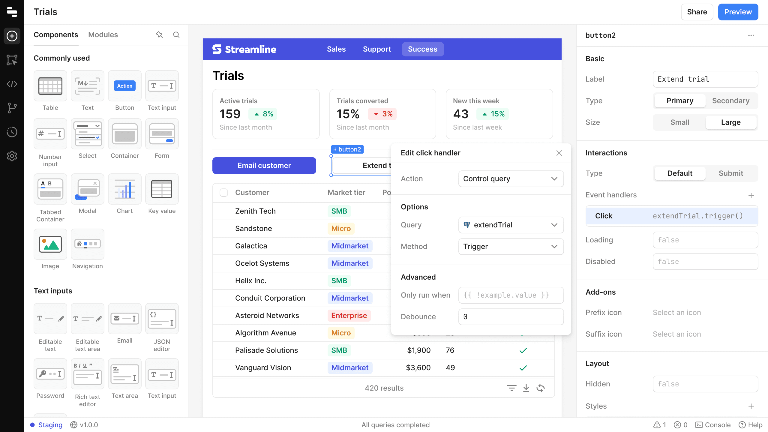 Retool component library and click handler