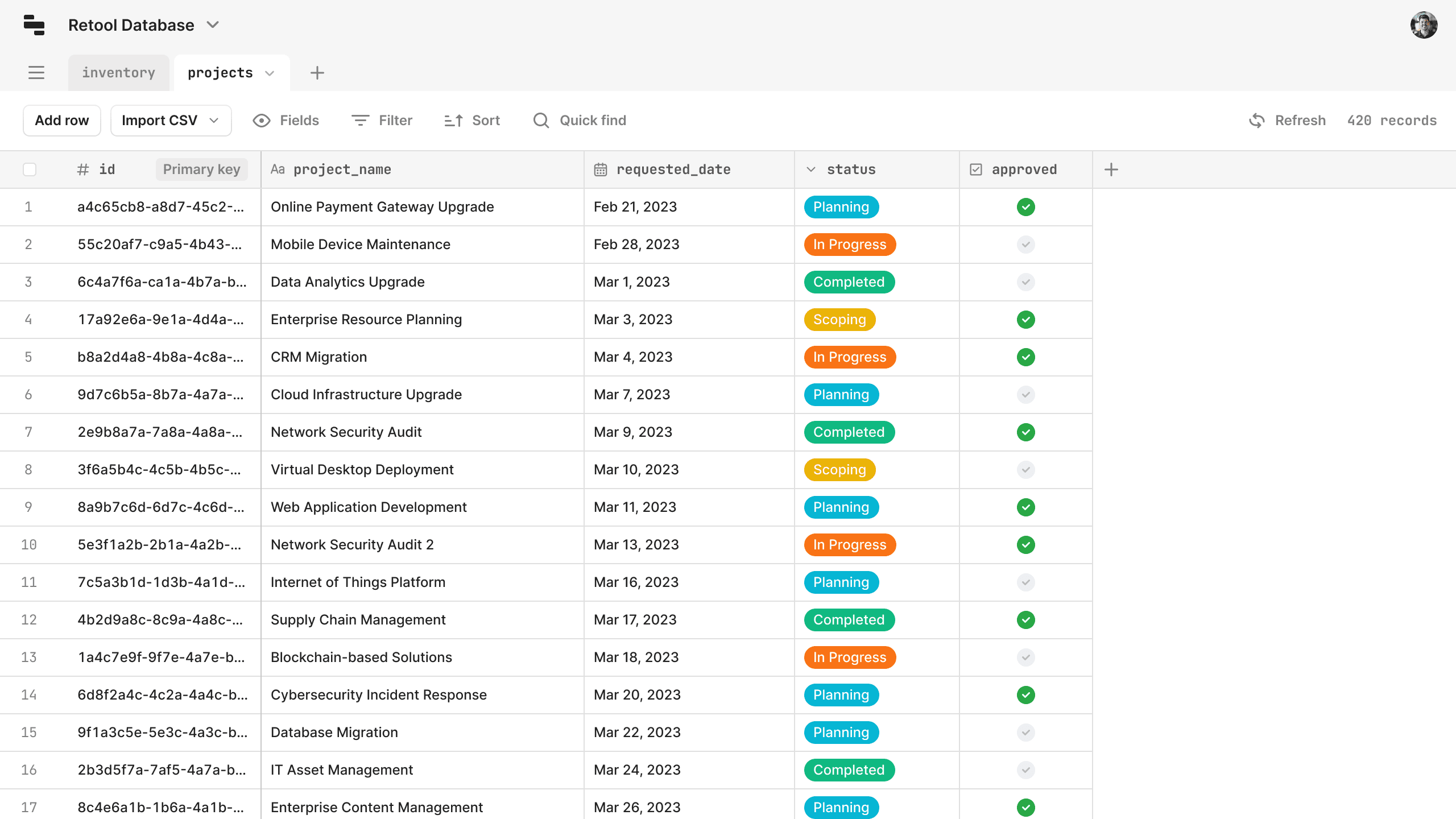 Retool Database table view