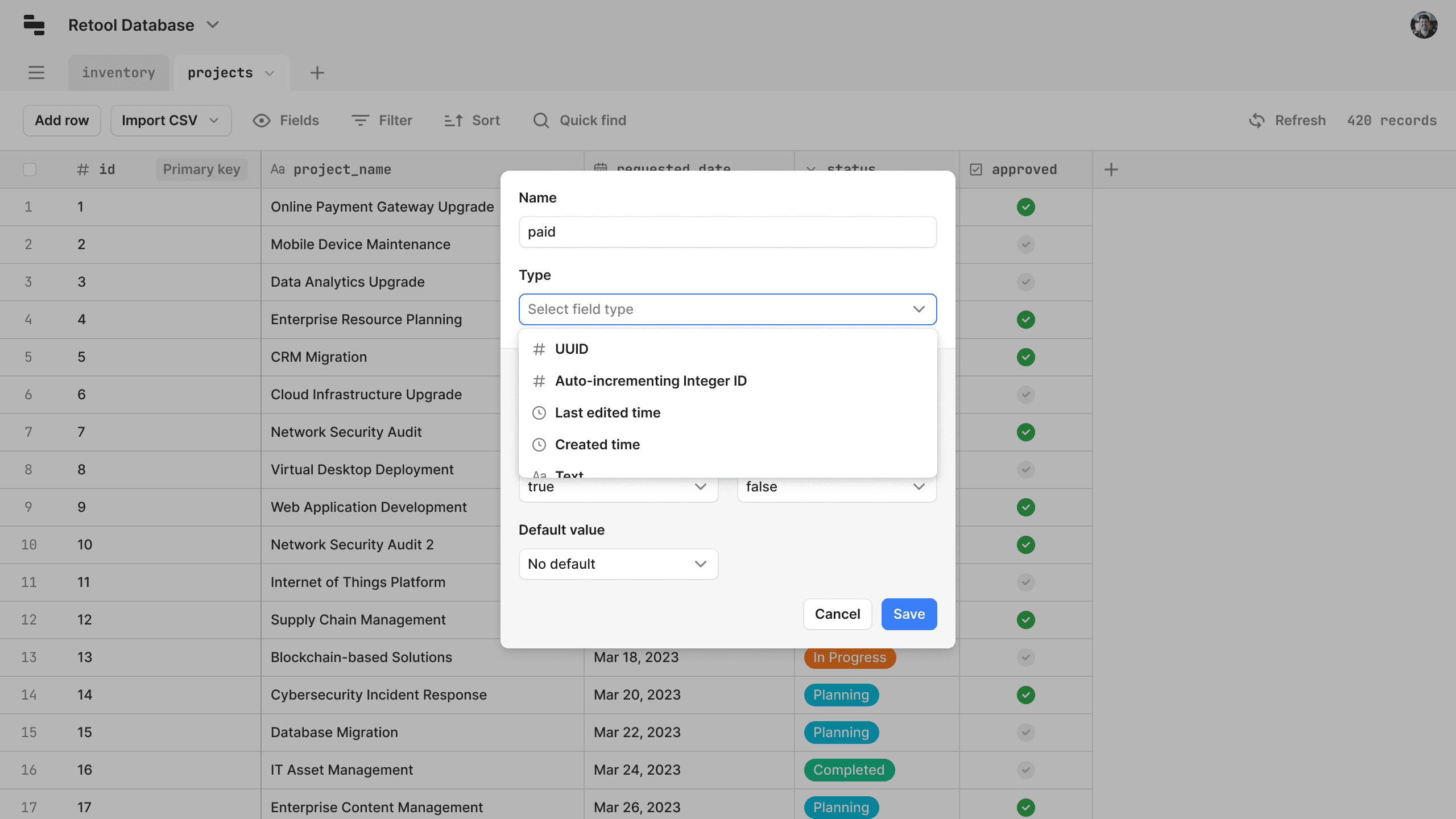 Retool Database field creation