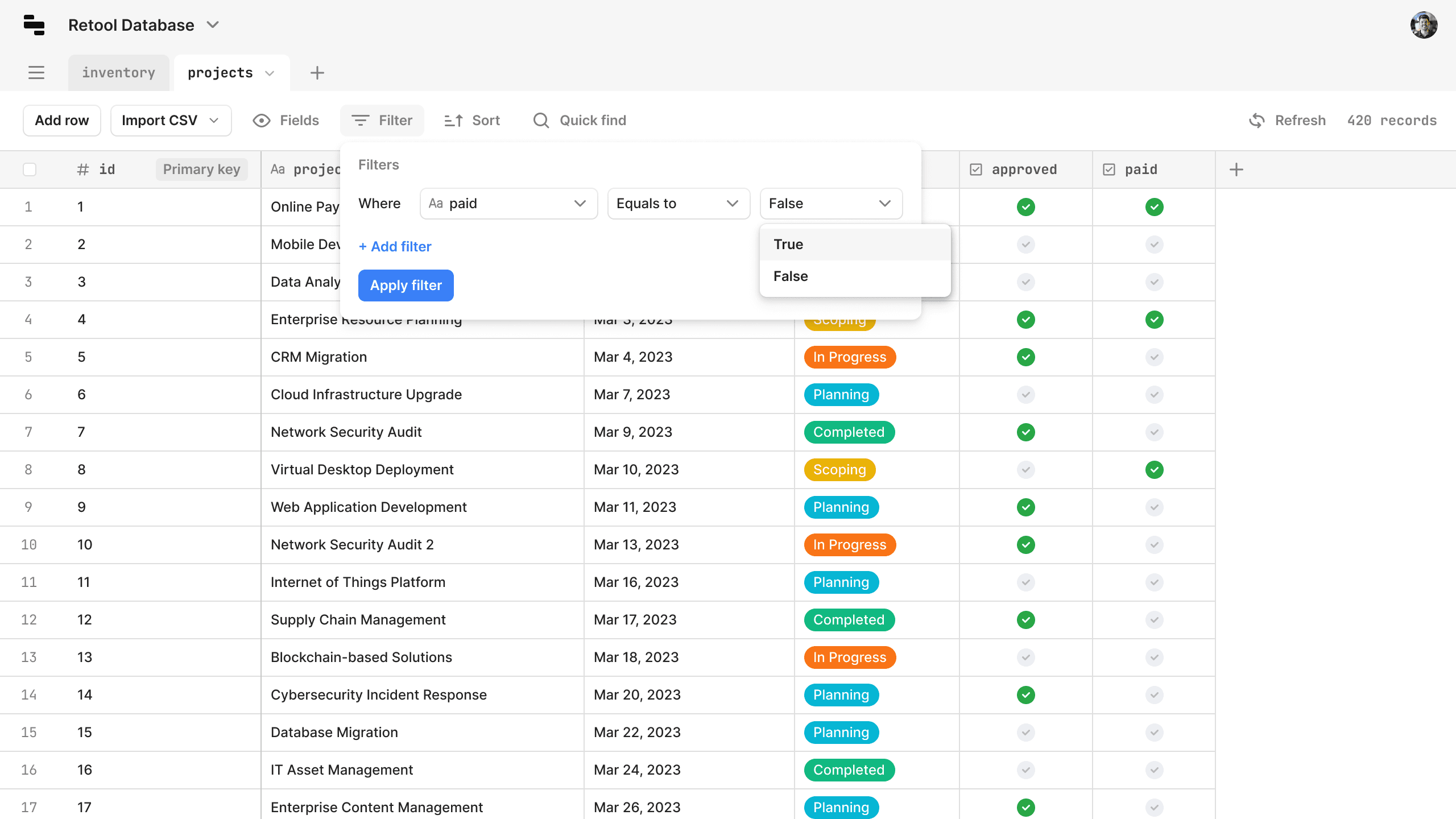 Retool Database filtering