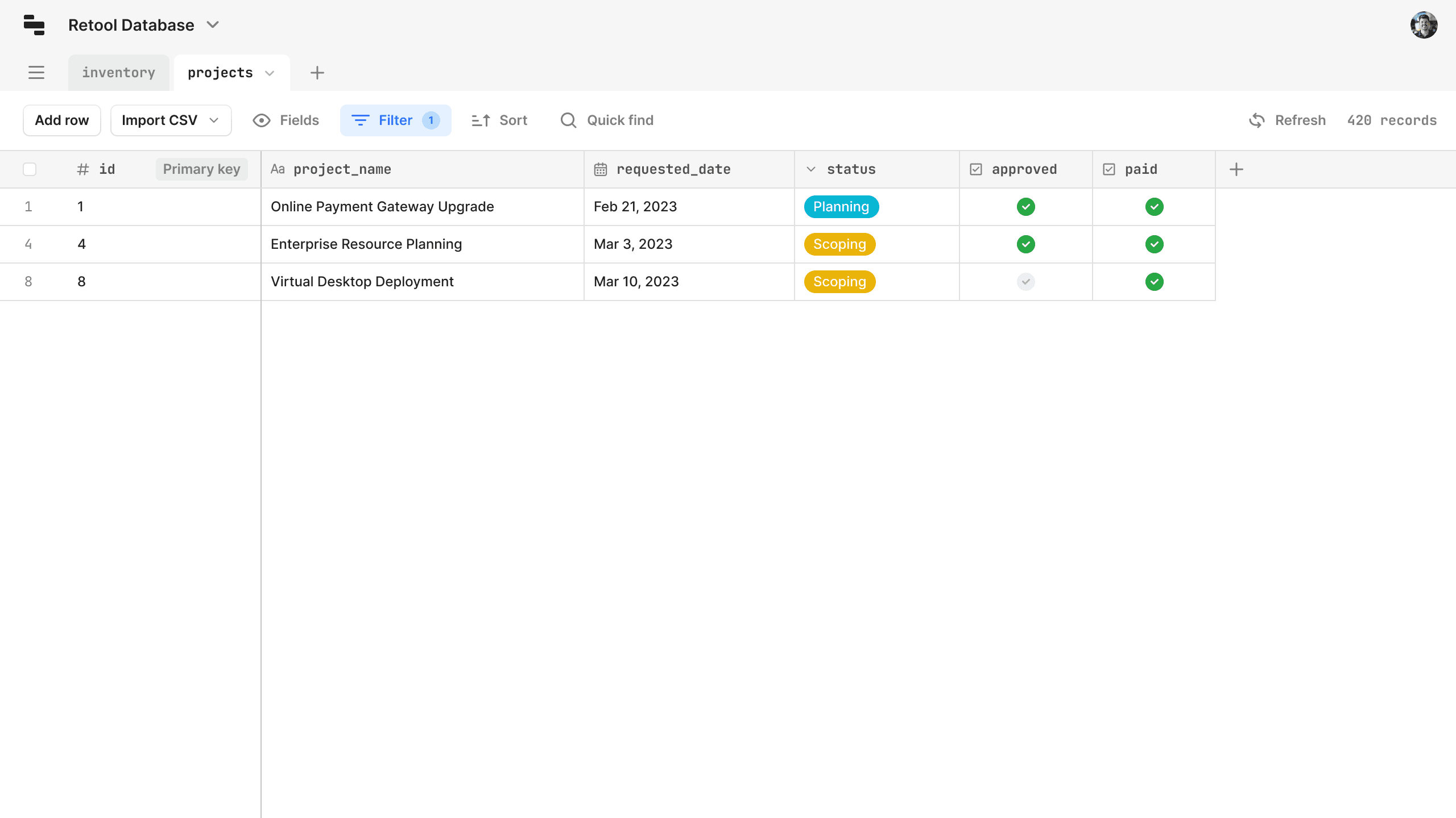 Retool Database filtered results