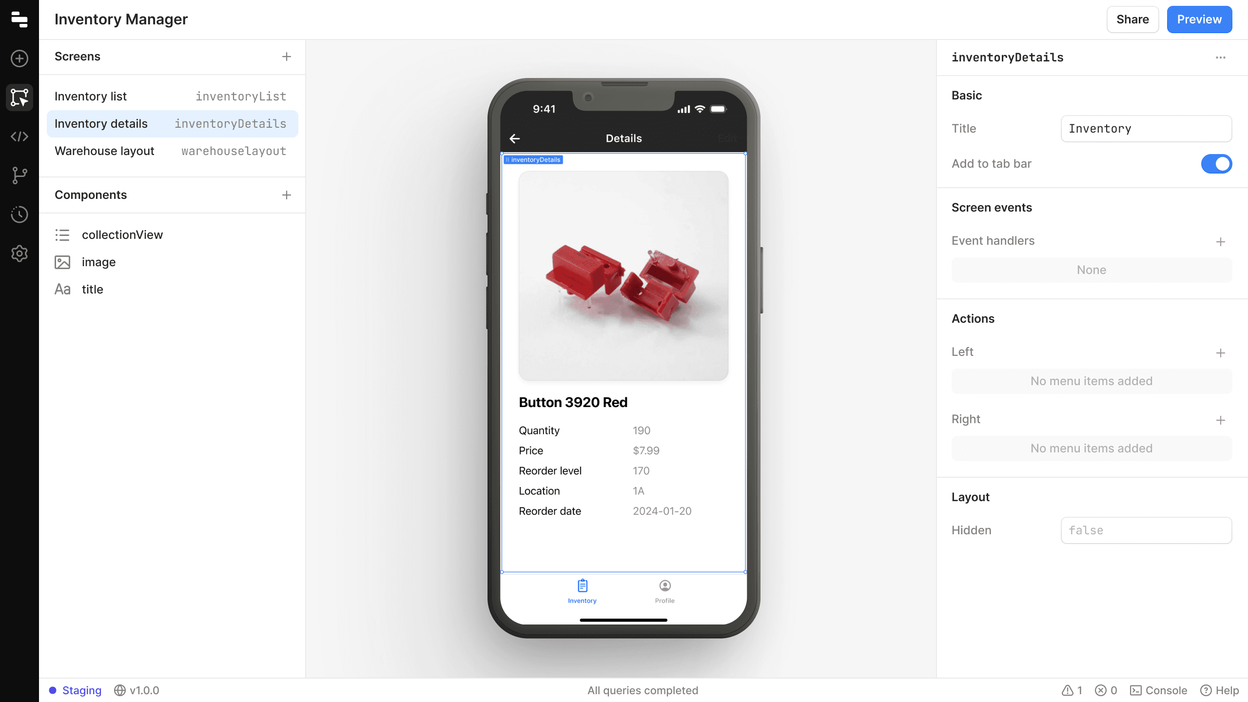 Retool Mobile app builder with phone preview