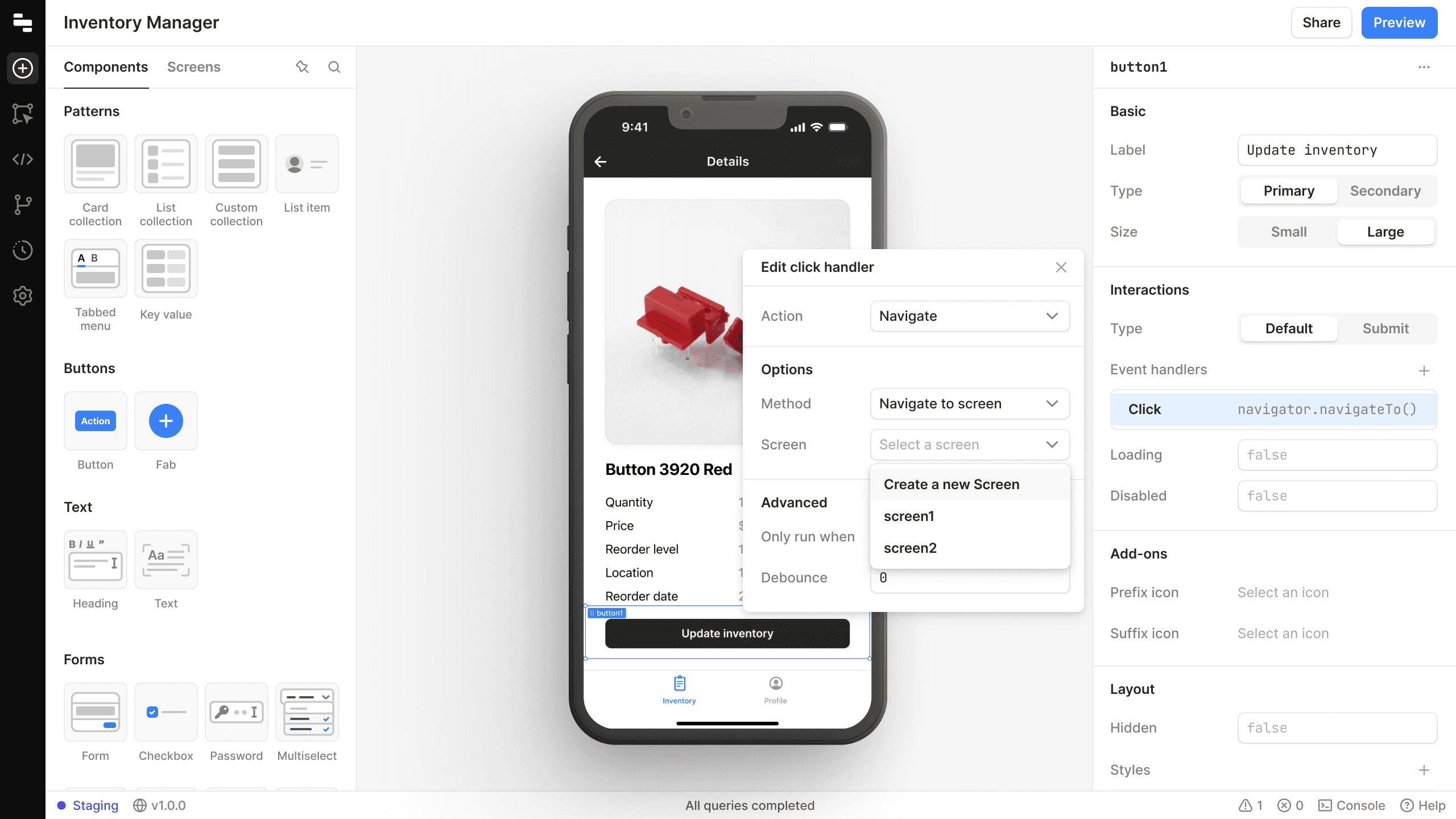 Retool Mobile click handler navigation