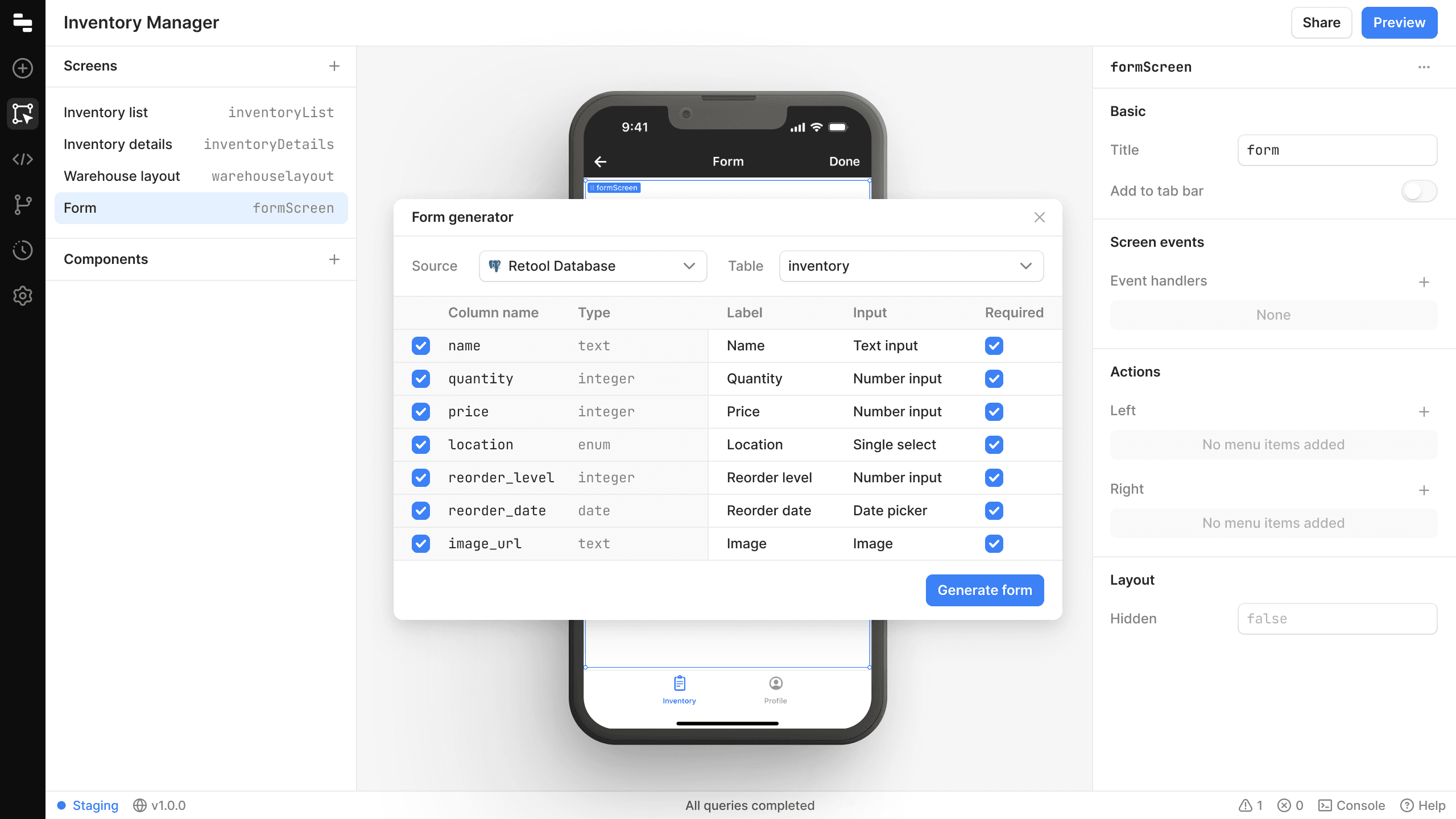 Retool Mobile form generator