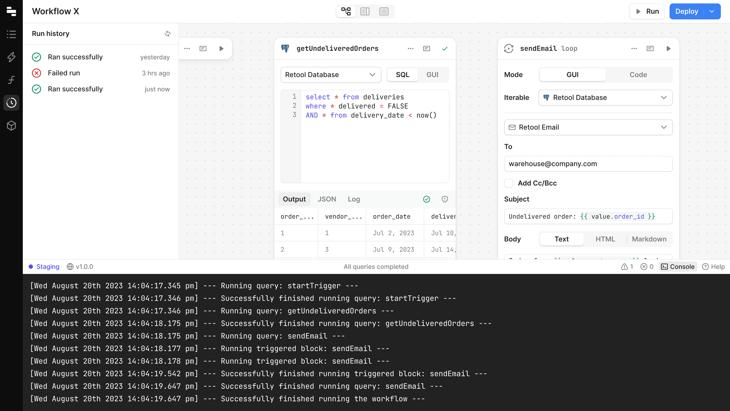 Retool Workflows run history